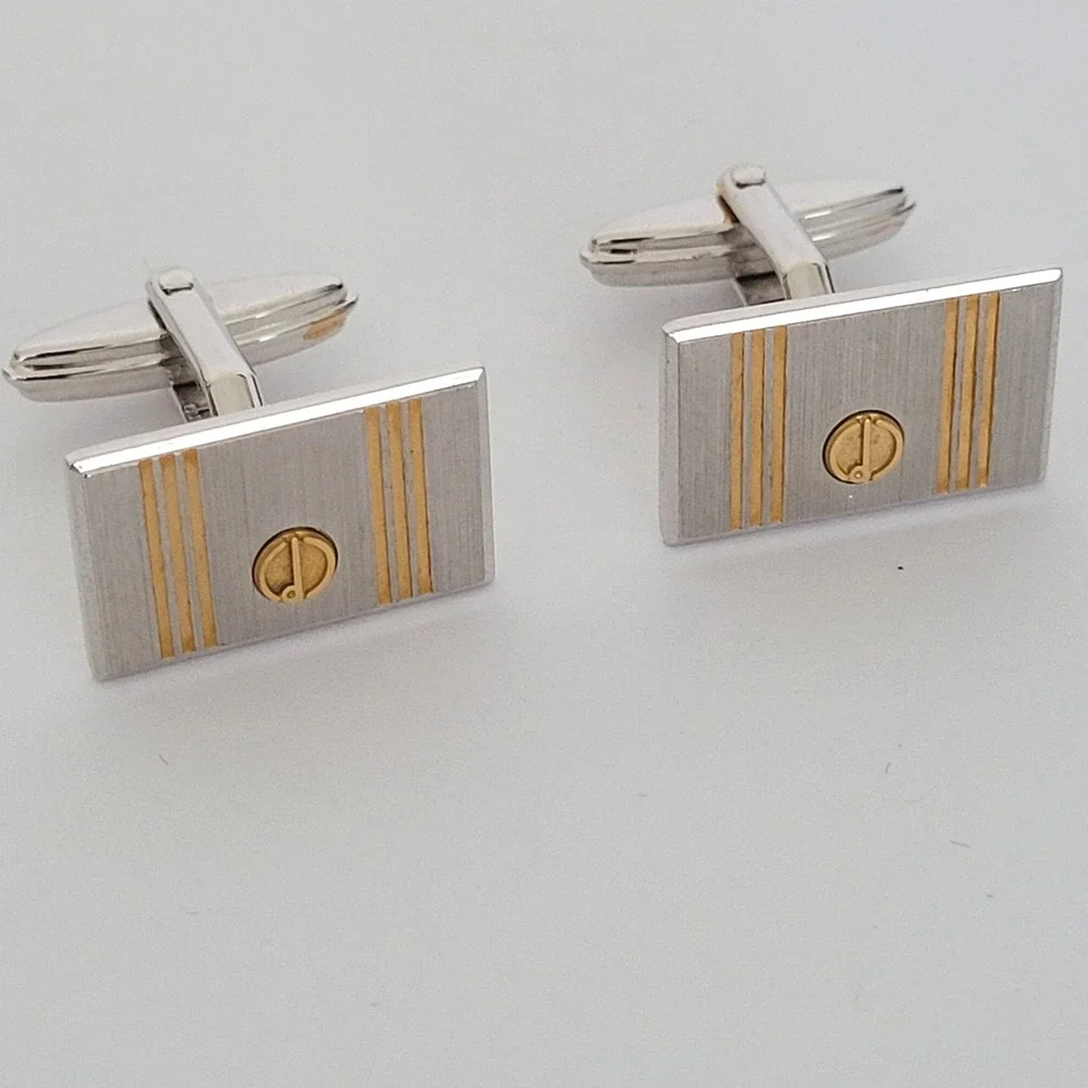 Alfred Dunhill Vintage Two Tone Silver Gold Rectangle Logo Toggle Cufflinks